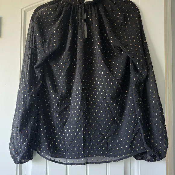 Trina Turk Quiet Luxury Sheer Ballon Sleeve Black Blouse W/Gold Accents M - Picture 10 of 14